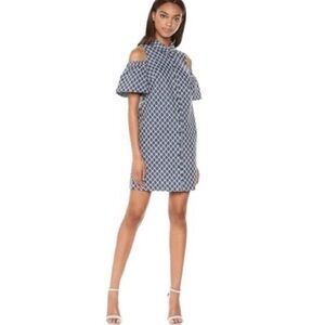Trina Turk blue & white cold shoulder embroidered dress